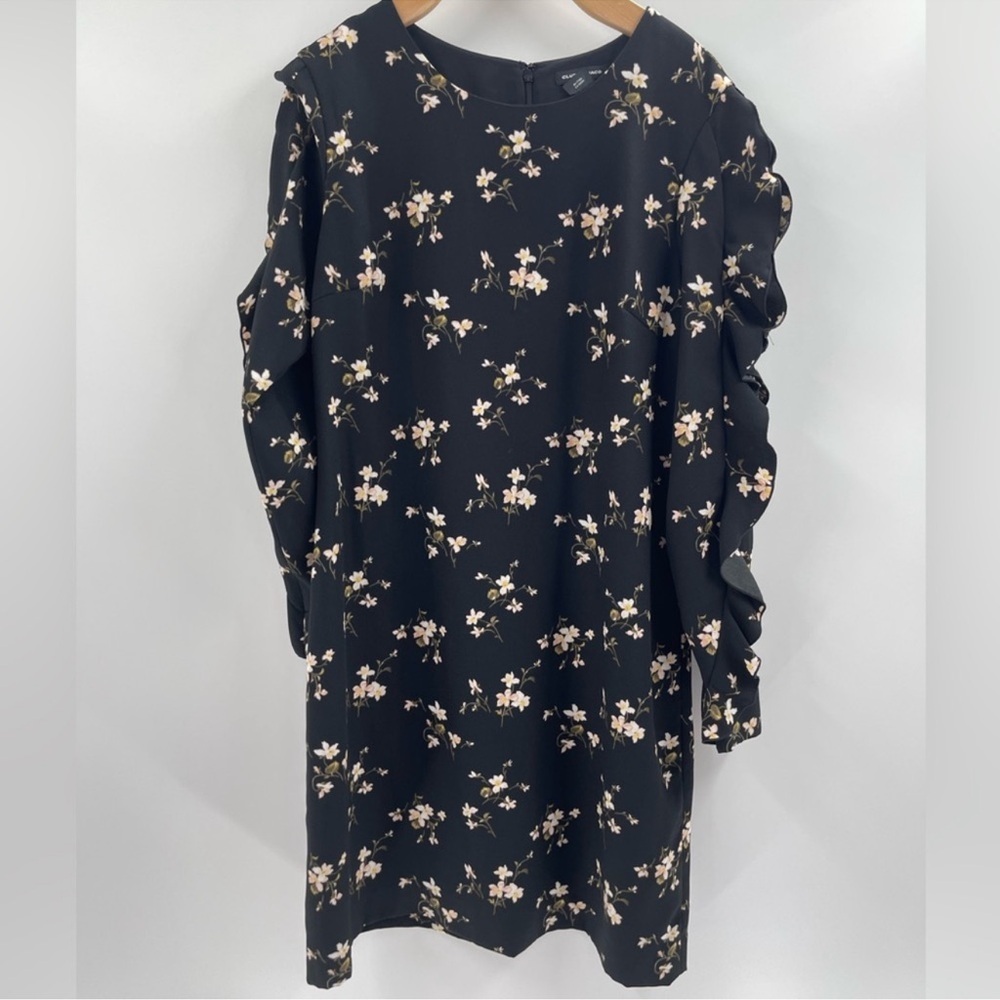 Club Monaco Clayre Black Floral Ruffle Trim Long Sleeve Sheath Dress Sz 10